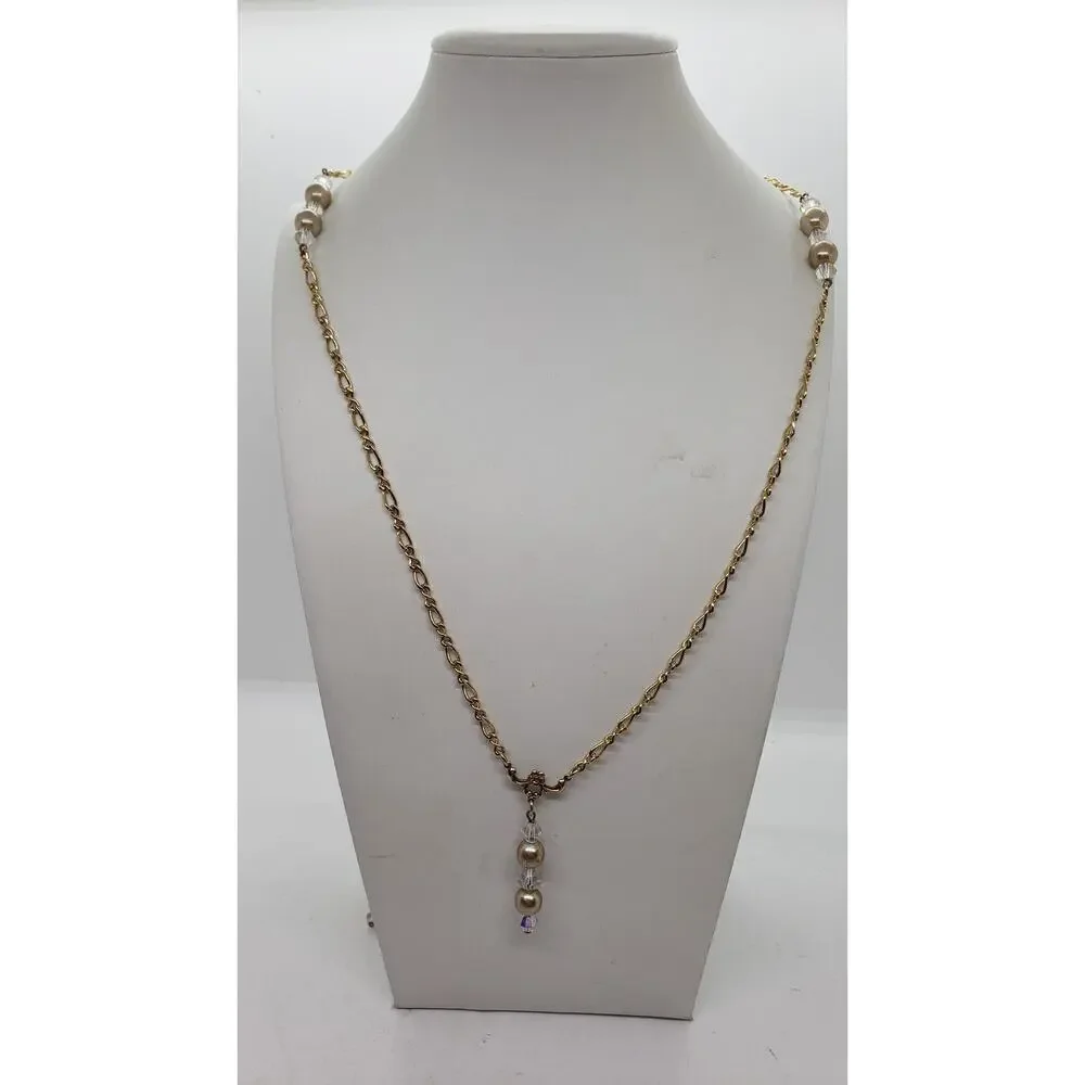 Vintage Gold Tone Chain Necklace Faux Pearl Aurora Borealis Crystal Beads LONG